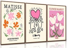 three posters with flowers and hearts on them