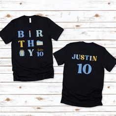 The perfect shirt to celebrate the birthday boy or girl! The front of the shirt spells birthday with a candle, piece of cake and present. Choose from three color combinations.  Name and age small in front and large on back.  ☑️ STEPS TO ORDER Select shirt style (if applicable) Select color Select design and/or personalization (write words in box if applicable) Select quantity Add to cart (if you want more than one style or color, repeat process) Proceed to checkout Bella and Canvas Brand classic Blue T-shirt With Name Print For Birthday, Personalized Blue T-shirt For Birthday, Colorful Words, Three Color Combinations, Blue Birthday, Pink Or Blue, Birthday Boy, Birthday Shirt, Three Color