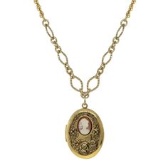 Gold Tone Carnelian Cameo with Flowers Oval Locket Necklace 16 Adj. Antique Gold Medallion Necklace In Classic Style, Classic Antique Gold Medallion Necklace, Classic Brass Locket Necklace With Vintage Charm, Elegant Gold Cameo Locket Necklace, Classic Antique Gold Locket Necklace With Vintage Charm, Vintage Gold-tone Oval Link Necklace, Classic Gold Cameo Jewelry, Vintage Gold Locket Necklace With Lobster Clasp, Victorian Locket Necklace With Oval Pendant