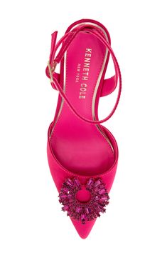 A jewel-encrusted starburst ornament enriches the vamp of a luxe satin pump framed by a pointy toe and tapered heel. 2 1/2" heel Cushioned footbed Textile upper/synthetic lining/rubber sole Imported Jewel Encrusted, Satin Pumps, The Vamps, Kenneth Cole, In Hot, Low Heels, Women's Pumps, Ankle Strap, Rubber Sole