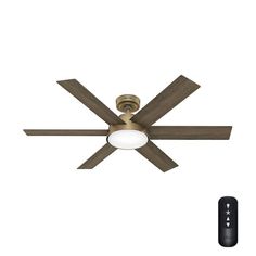 a ceiling fan with two remote controls on the side and one light on the other