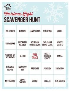 a christmas light scavenger hunt with snowflakes on the top and bottom