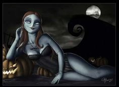 a painting of a woman with blue skin and makeup sitting in front of a pumpkin