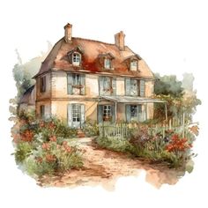 a watercolor painting of a house with flowers in the foreground and a path leading to it