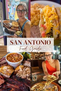 a woman sitting at a table with food in front of her and the words san antonio food guide