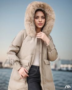 Zlily - Long Down Jacket for Winter - White Duck Down Feather Coat Beige Long Sleeve Parka For Winter, Long Sleeve Beige Parka For Winter, Beige Long Sleeve Winter Parka, Beige Winter Parka For Cold Weather, Spring Fur Coat For Cold Weather With Pockets, Beige Winter Parka, Cold Weather Spring Fur Coat With Pockets, Fur Coat With Pockets For Cold Weather In Spring, Beige Long Sleeve Parka For Cold Weather