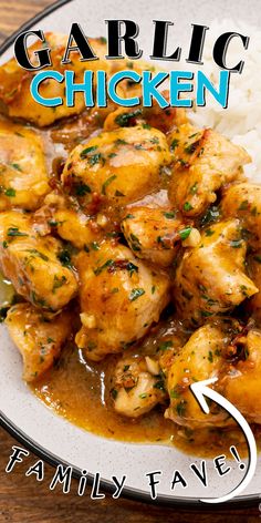 a plate with some chicken and rice on top of it next to the words garlic chicken family fare