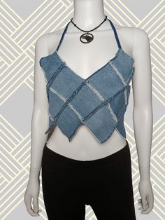 Retro cropped denim festival V-neck  halter with patchwork style, raw edges, pixie points and adjustable neck and waist ties.One Size1 of 1 Trendy Summer Patchwork Crop Top, Blue Denim Patchwork Top For Summer, Fitted Patchwork Crop Top For Spring, Trendy Spring Patchwork Crop Top, Spring Trendy Patchwork Crop Top, Summer Blue Patchwork Denim Top, Summer Denim Top With Patchwork, Denim Blue Patchwork Tops For Summer, Summer Patchwork Crop Top