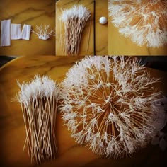 four pictures of dandelions on a table