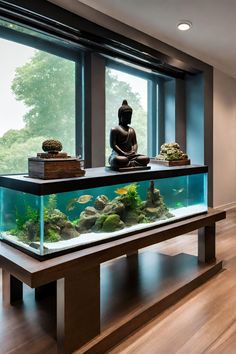 an aquarium with buddha statues and rocks in front of large windows on a wooden floor