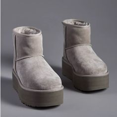 Nwt! New In Box! Ugg Classic Mini Platform Boots Smoke Plume Size 9 Gray/Grey Mini Platform Uggs, Ugg Classic Mini Platform, Uggs Mini, Platform Uggs, Suede Platform Boots, Warm Boots Women, Ugg Boots With Bows, Ugg Classic Mini Boot, Ugh Boots