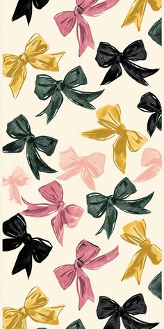 an image of many different colored bows on a white background with black, yellow and pink colors