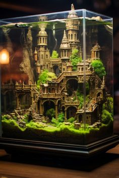 an aquarium filled with lots of green plants and buildings in it's glass case