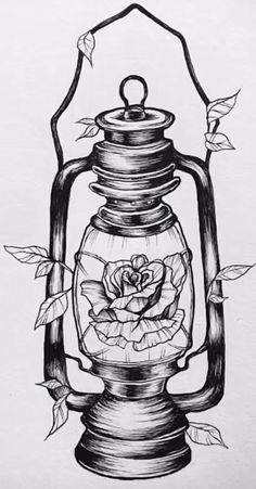 a drawing of a lantern with a rose in it