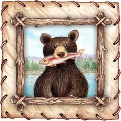 a painting of a bear holding a fish in it's mouth and wearing a rope frame