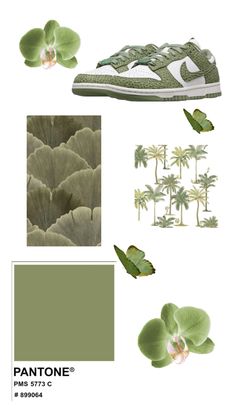 the pantone color scheme is green and has flowers, plants, and leaves on it