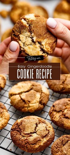 a person holding a cookie in front of some cookies on a cooling rack with the words easy gingerdoodle cookie recipe