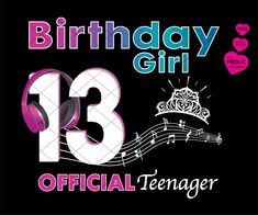 the 13th birthday girl logo with headphones and music notes on it, in front of a black background