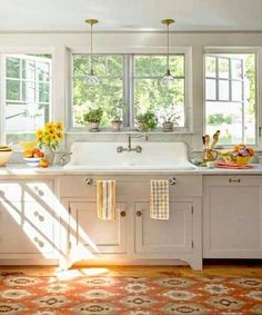 a kitchen with sun shining through the windows and flowers on the sink countertop, along with an area rug