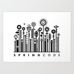 a black and white poster with the word spring code printed on it in front of an image of flowers