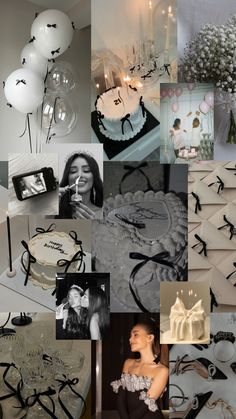 a collage of photos with balloons, cake and flowers on it in black and white