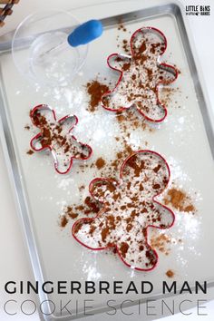 gingerbread man cookies are on a cookie sheet with powdered sugar and chocolate sprinkles