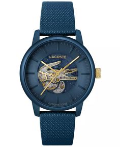 Lacoste Men's L.12.12 Blue Leather Strap Watch 44mm - Macy's Designer Leather Watch With Metal Dial, Blue Leather Watches With Skeleton Dial, Designer Leather Watch With Skeleton Dial, Designer Leather Watches With Skeleton Dial, Designer Blue Leather Watch, Leather Strap Watch, Lacoste Men, Blue Leather, 12 12