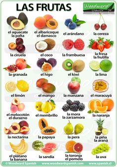 an image of fruits and vegetables with the words las frutas written in spanish