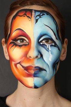 Beautiful Face Painting, Face Paint Inspiration, Theater Makeup Ideas, Face Painting Artistic, Happy Face Painting, Theater Masks, Drag Make-up, Happy Makeup