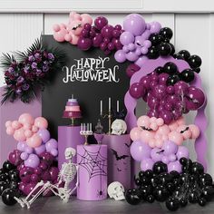 a halloween party with balloons and decorations