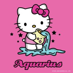 hello kitty drinking from a cup with the word aquarius on it's side