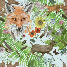 an image of a fox and other animals in the woods with flowers, leaves and plants