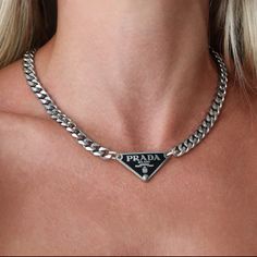 Prada Silver Tag Necklace – Reluxe Vintage Prada Jewelry, Rings Style, Triangle Necklace, Black Pendant, A Necklace, Dream Jewelry, Bracelet Gold, Metal Necklaces, Silver Pendant Necklace