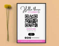 a poster with a qr code on it next to a yellow flower and a brown background