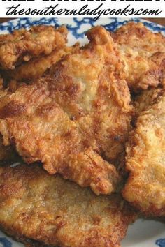 fried fish fillets on a blue and white plate with the words fried fish fillets above it