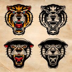 four tiger heads with different colors and designs