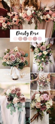 a collage of photos showing different bouquets and bridesmaid's dresses