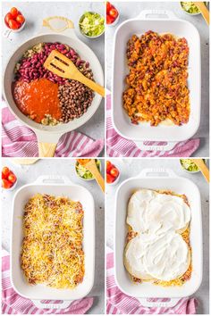 four pictures showing how to make an enchilada casserole with beans and rice