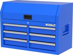 the kobalt tool cabinet is blue and has five drawers on each side,