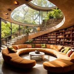 a living room filled with lots of furniture next to a spiral stair case in front of a bookshelf