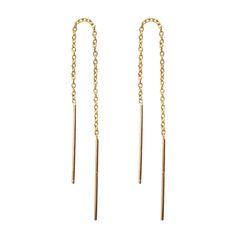 solid gold long threader earrings with chain and gold bars at ends 14k Yellow Gold Threader Earrings, 14k Yellow Gold Filled Threader Earrings With Delicate Chain, Delicate 14k Yellow Gold Filled Threader Earrings, Minimalist Long Drop Linear Earrings With Adjustable Chain, Minimalist Linear Drop Earrings With Adjustable Chain, Minimalist Linear Earrings With Adjustable Chain, Dainty 14k Gold Threader Earrings With Adjustable Chain, Gold Linear Earrings With Delicate Chain For Formal Events, Dainty 14k Gold Threader Earrings With Delicate Chain