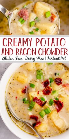 creamy potato and bacon chowder in a white bowl with a spoon on the side