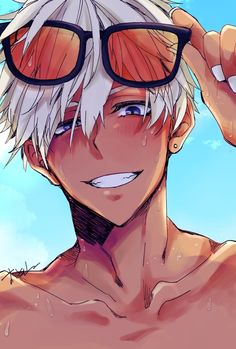 an anime character with white hair and sunglasses