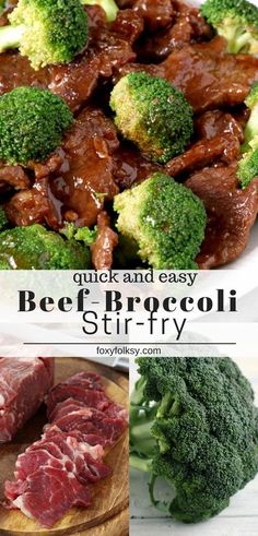 beef and broccoli stir - fry on a white plate with text overlay