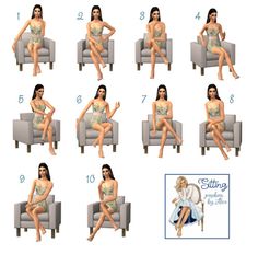 a woman is sitting on a couch and showing her six steps to get into the chair