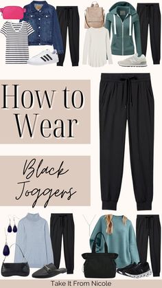 Black Shinny Leggins Outfit, Crop Joggers Outfit, Joggers With Vest Outfit, Black Joggers Spring Outfit, Joggers Style Women, Joggers And Graphic Tee Outfit, What To Wear With Black Joggers Casual, Joggers Professional Outfit, Dressy Hoodie Outfit