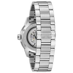 Bulova Stainless Steel Men's Automatic Bracelet Skeleton Watch Intriguingly sophisticated, Bulova's never-wind timepiece reveals a tech-forward look that makes adventurous hearts tick faster.        Bracelet approx. 9"L x 13/16"W; fits 8” to 9” wrist; may be adjusted by a jeweler     Case approx. 1-7/8"L x 1-7/8"W x 3/8"H      Stainless steel     Stick hour markers; second/minute track     Hour, minute, second hands     Water resistant to  3ATM - easily withstands splashes or brief immersion in Watch Model, Skeleton Watch, Stainless Steel Band, Black Stainless Steel, Classic Man, Silver Man, Casio Watch, Automatic Watch, Steel Bracelet