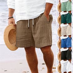 Category:WE-Pants; Season:Summer; Fabric:Polyester; Gender:Men's; Style:Boho,Hawaiian; Occasion:Vacation,Holiday,Beach; Fit Type:Regular Fit; Function:Breathable,Comfort; Waistline:Mid Waist; Pattern:Plain; Design:Pocket,Elastic Waist,Drawstring; Pants Type:Beach Shorts,Casual Shorts,Summer Shorts; Fly Type:Drawstring,Elasticity; Front page:FF; Listing Date:04/19/2024; Production mode:External procurement; Hips:; Length:; Waist:; Pants Length:Short Mens Linen Shorts, Mens Beach, Beach Fit, Mens Shorts Summer, Beach Wear Men, Outfit For Men, Mens Linen, Holiday Beach, Men Beach