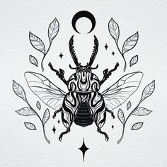 a black and white drawing of a bug with leaves on it's head, surrounded by