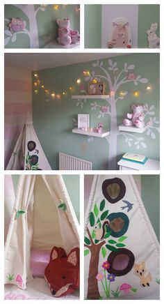 there are pictures of children's room with animals on the wall and in the tree